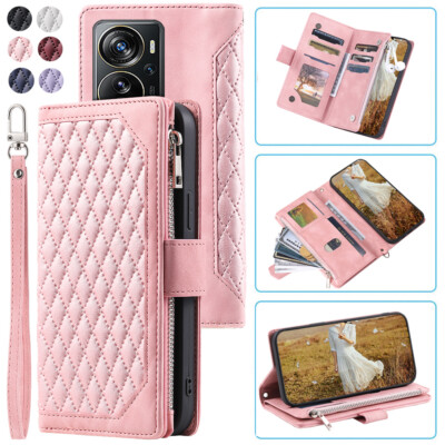 For ZTE Axon 40 Pro Rhombic Wallet Case,Luxury Leather Zipper Flip Card Case
