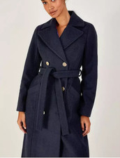 Monsoon Lola Sustainable Belted Wool Trench Coat Navy Long Size 16 Rrp£160