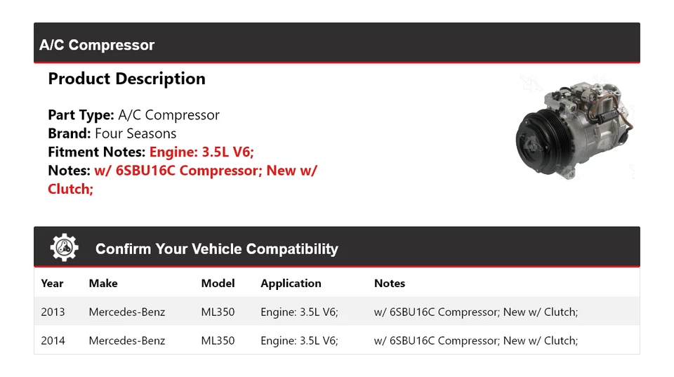 Compresor de aire acondicionado V6 de 3,5 L para Mercedes-Benz ML350 2013-2014 4 estaciones Foto 2 de 4