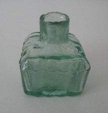 Vintage Clear Green Square Ribbed Ink Pot Bottle Hand Blown 1.5" Vtg AZ46