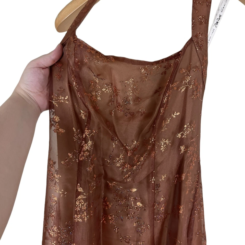 Vtg Zum Zum Niki Livas Bronze Floral Tulle Glitter Halter Dress Prom Princess - Image 2 of 4