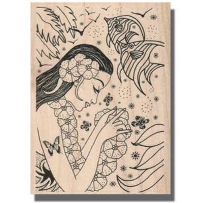 Wood Rubber Stamp, Lei Lady, Person,Flowers,Beach,Hawaii,Tropical,Fish,Ocean,Sea
