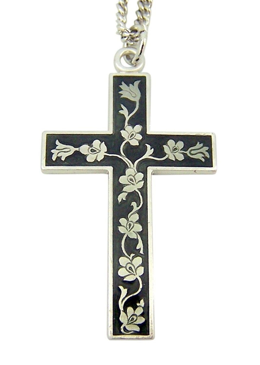 Sterling Silver Cross with Flower Leaf and Vine Design Under