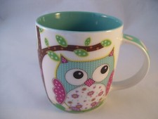 burton  BURTON Calico OWL Coffee Mug Porcelain Teal 14 ounce Cute 