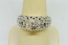 Vintage Estate Sterling Silver Oval Solitaire CZ Pierced Hearts Ring  Size 7.25