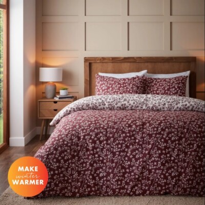 Catherine Lansfield Gebürstet Grace Floral Blatt Rot Bettbezug Set
