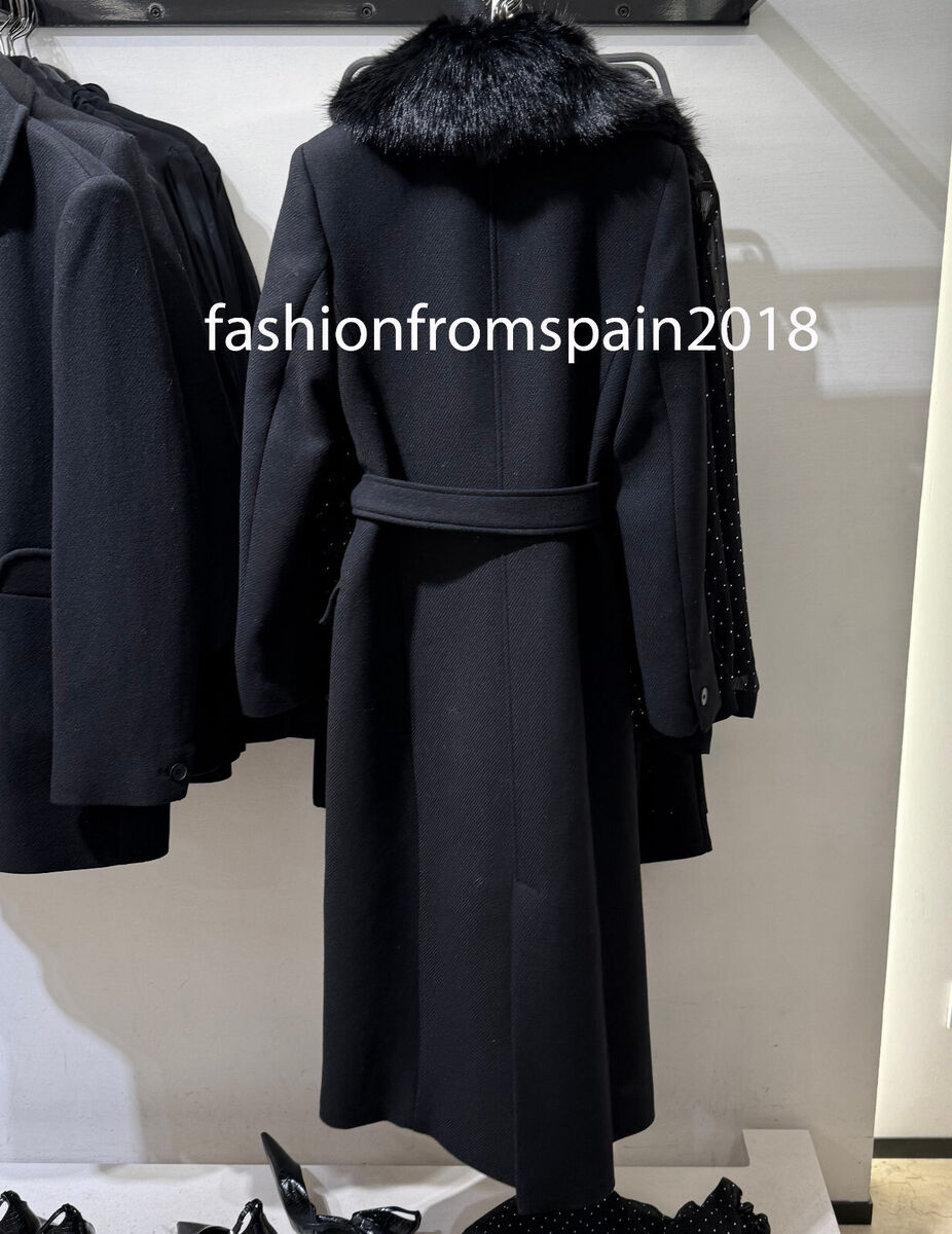 ZARA NEW BELTED WOOL COAT FAUX FUR LAPEL COLLAR BLACK XS-XL ZARA NEW BELTED WOOL COAT FAUX FUR LAPEL COLLAR BLACK XS-XL