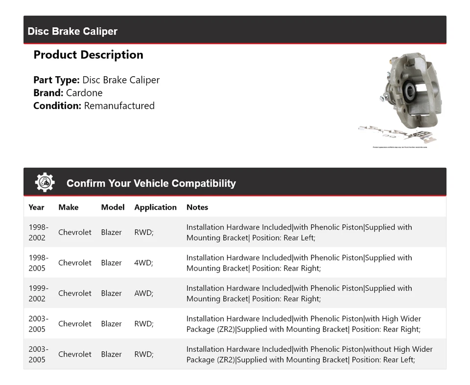 Pinza de freno de disco Cardone para Chevrolet Blazer 1998-2005 1999 2000 2001 2002 Foto 2 de 4