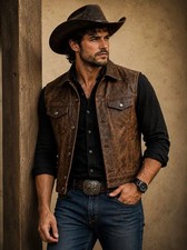 Men's Brown Genuine Lambskin Leather Vest   Vintage Western Cowboy Biker Trucker
