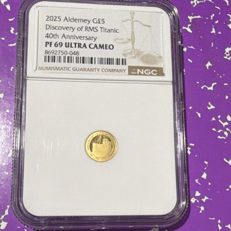 Alderney G£5 Gold 2025 RMS Titanic 40th Anniversary NGC PF 69 Ultra Cameo