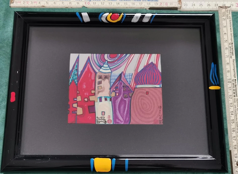 Hundertwasser Bild im bemalten Rahmen wartende Häuser Kunstdruck 1/200 - Bild 4 von 4
