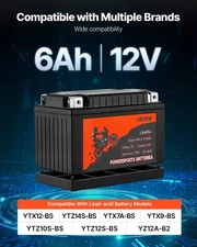 New Motorcycle Battery, 12 Volt 6Ah, LiFePO4 Lithium Pre-Charged Powersports B