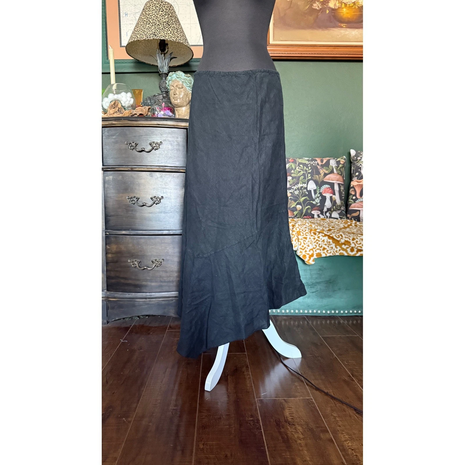Bryn Walker Black Linen Asymmetrical Handkerchief Hem Maxi Skirt Elastic Waist