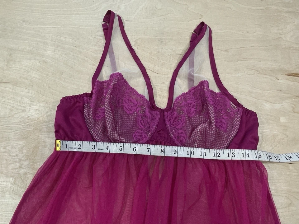Cacique Mujer Fucsia Rosa Caliente Encaje Transparente Babydoll Chemise Lencería Talla 18/20 Foto 3 de 4