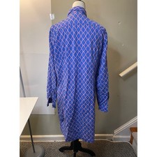 Blue Pink Lattice Print Collared Button Front Shirt Dress Tunic Long Sleeve