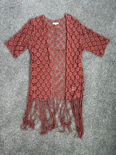 Boho Crochet Fringe Cardigan Rust Open Knit Festival Kimono Duster S
