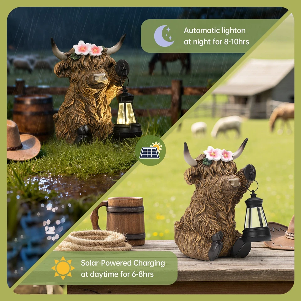 Linterna solar de jardín de vaca Highland granja decoración de acción de gracias con LED ámbar Foto 4 de 4