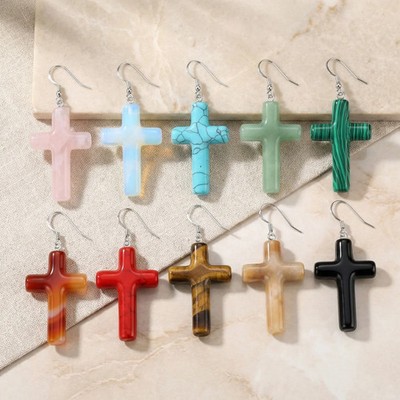 Gemstone Cross Pendant Drop Earrings for Women Girl Faith Daily Wear Jewelry