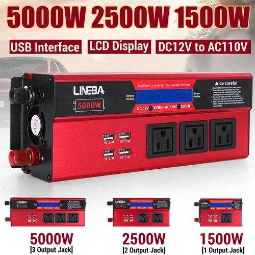 Car Power Inverter 5000W DC 12V To AC 110V Pure Sine Wave Solar Converter 4 USB