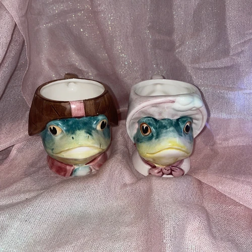 VINTAGE R. TALLIN MAJOLICA LADY AND MAN FROG PORCELAIN TEA CUPS