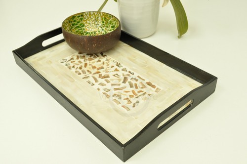 Lacquer Inlaid Wooden Rectangular Tray, Serving Decorative, Cream, Small H063S - Zdjęcie 3 z 12