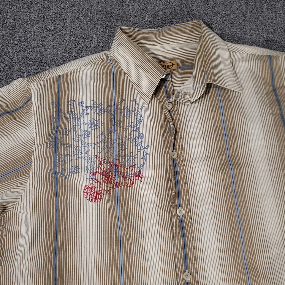 De colección. Camisa abotonada a rayas bordada cromada en Y talla L - Marrón con puño floral Foto 3 de 4