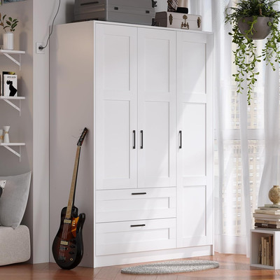 Large Capacity Wooden Wardrobe Closet Armoire Freestanding Storage Cabinet White