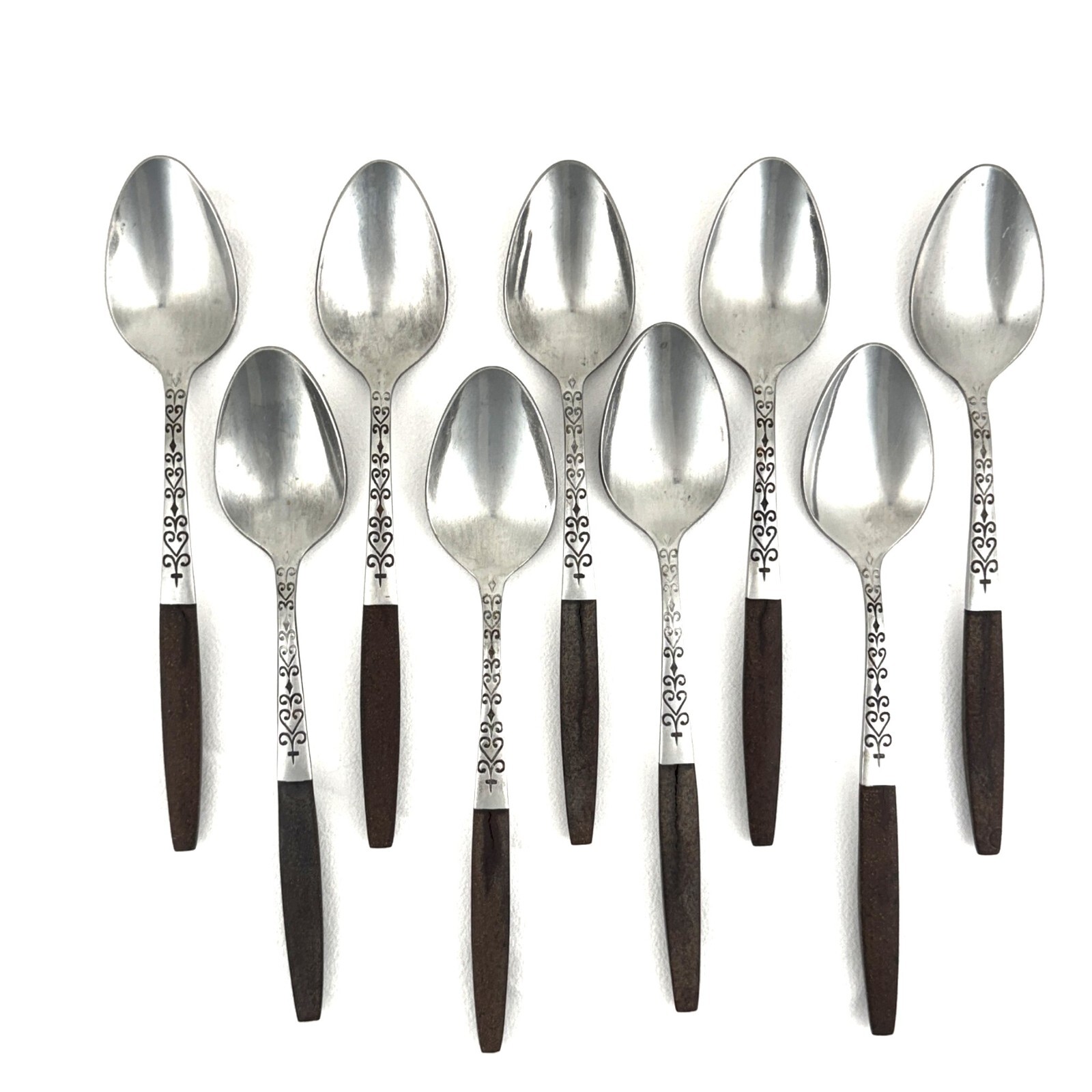 Lot of 9 Interpur INR2 Teaspoons SS + Brown Synthetic Handles w Cracks