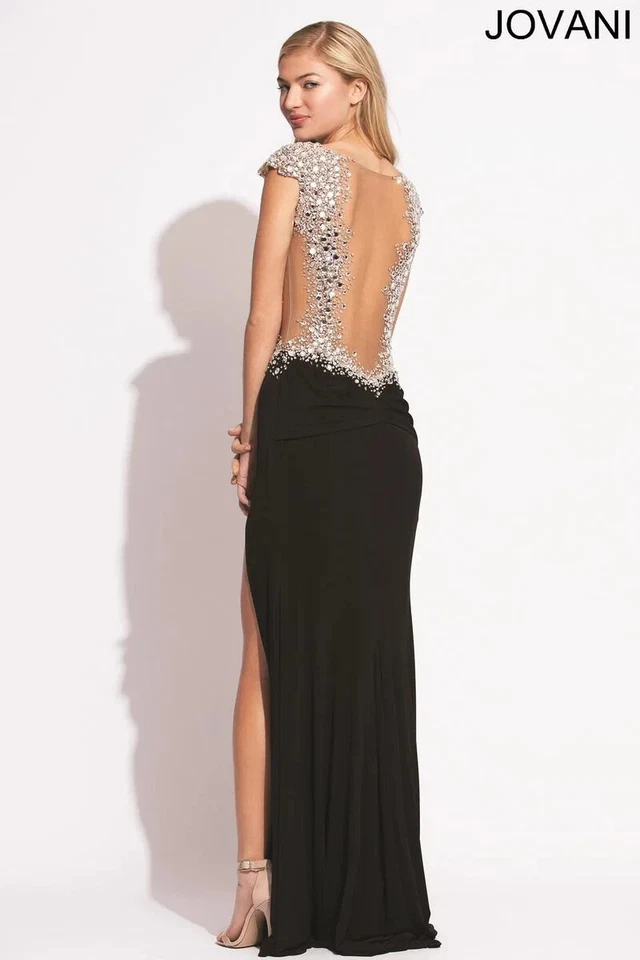 Vestido de graduación Jovani Jersey para mujer 0 desnudo negro corpiño cristal adornado noche Foto 2 de 3
