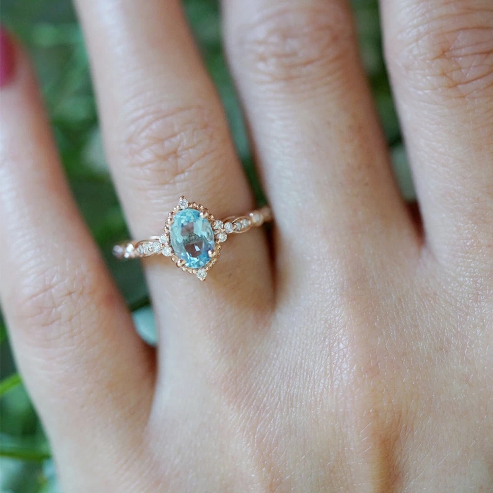 Anillo de compromiso vintage de plata chapado en oro rosa de 14 quilates aguamarina natural corte ovalado Foto 4 de 4