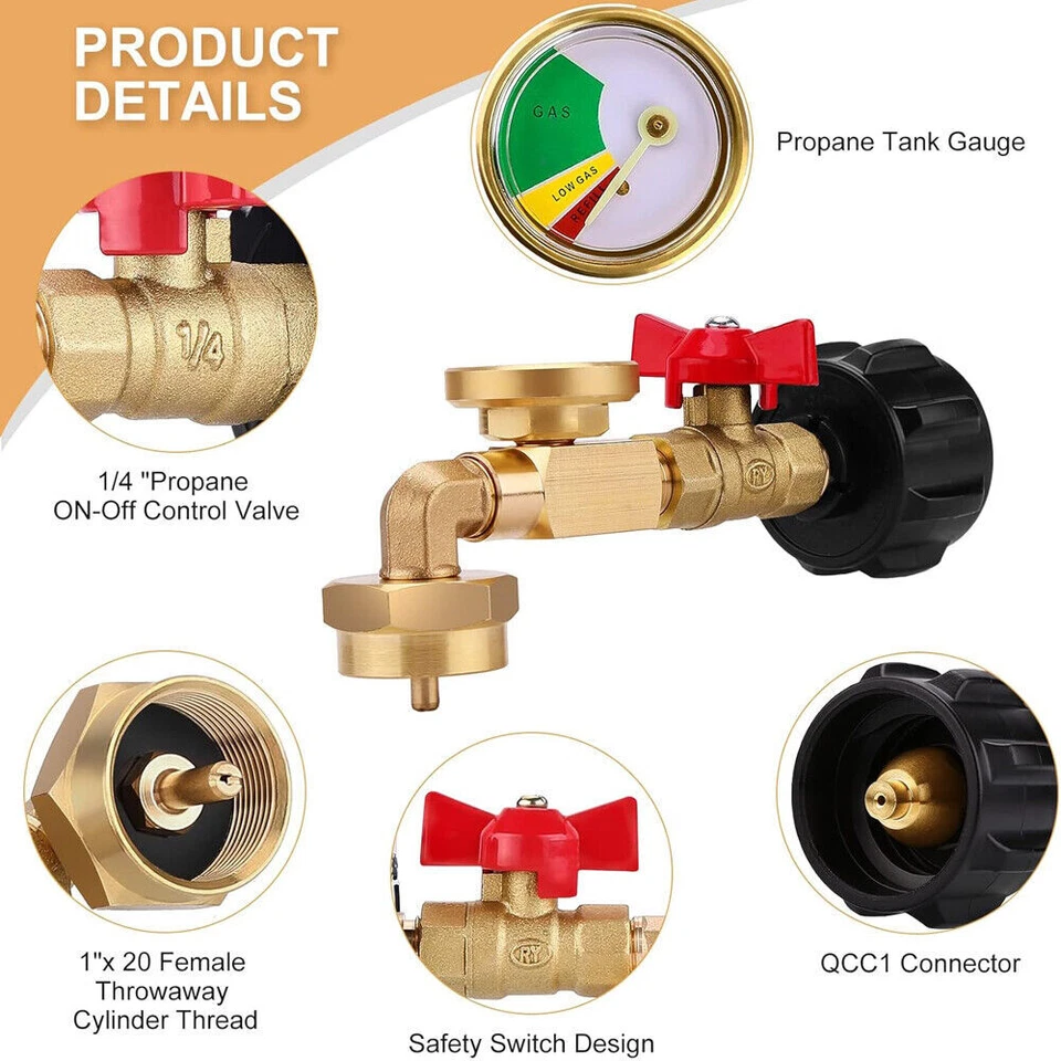 Adaptador de recarga de propano de tanque de 1 lb a 20 lb con medidor y válvula de control de encendido y apagado EE. UU. Foto 2 de 4