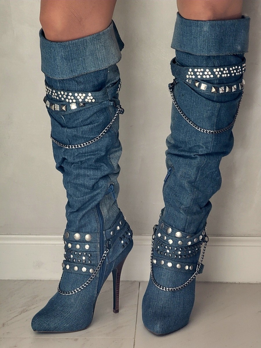 Patient Blue Denim Knee high boots Size 7M Rock & Candy by