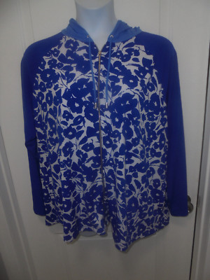 Susan Graver Womens Blue White Floral Long Sleeves Zipper Hoodie Size 2X