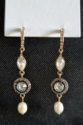ACCESSORIZE, GOLD TONE, BLUE HALO CRYSTAL & PEARL STATEMENT EARRINGS