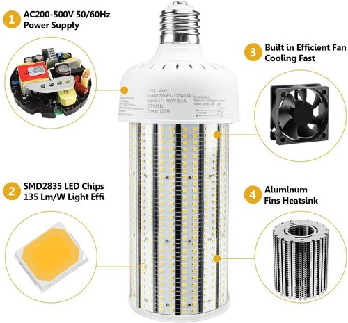 480V LED Corn Light 120W Replace 600 Watt Metal Halide HPS Bulbs E39 Mogul Base - Picture 6 of 10