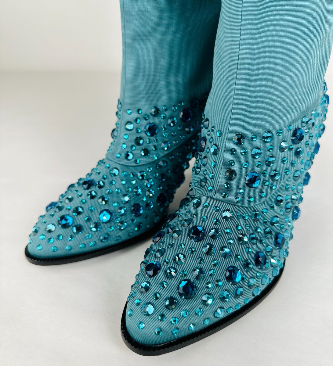 New Gucci Women's Sea Green Jacquard Cowboy Boots with