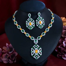 Noble Yellow Oval Green Geometric Dangle Pageant Necklace Earring CZ Jewelry Set