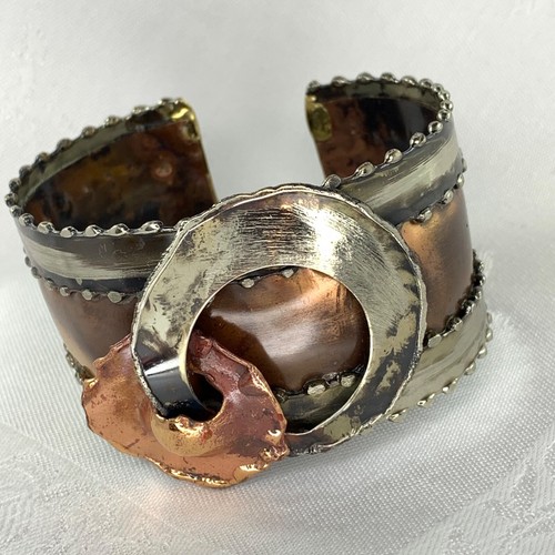 Cuff Bracelet Copper Antiqued Silver Tone Finish Artisan Made 1 3/8 " Wide - Picture 9 of 10