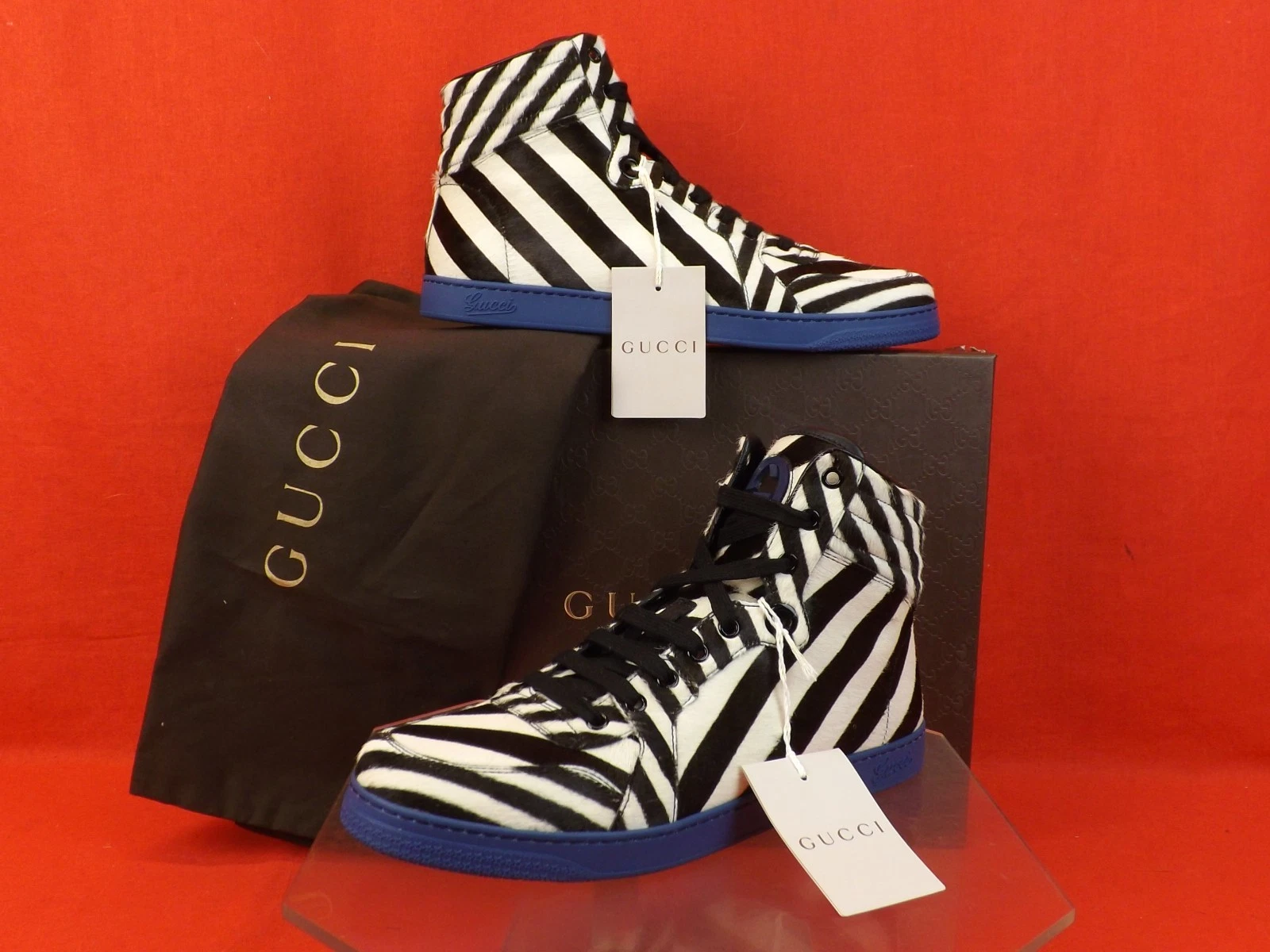 BASKETS GUCCI 353412 NOIR BLANC RAYÉ PONYHAIR HI TOP DENTELLE CODA 7,5 US 8,5