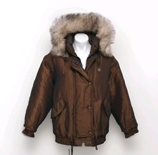 Vintage Izzi Metallic Copper Fox Fur Trim Hoodie Full Zip Winter Puffer Jacket