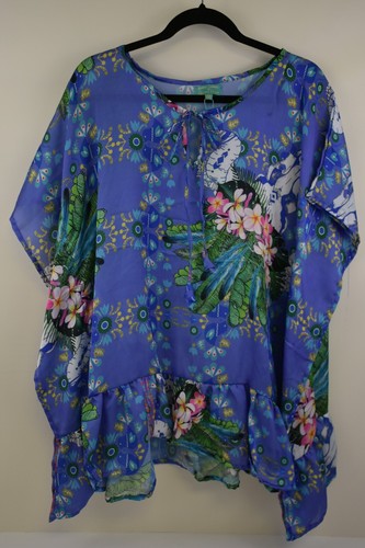 ANTICA SARTORIA BLUE WITH FLOWERS/FEATHERS PATTERN PONCHO COVER-UP TOP NWT POLY