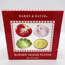 Harry & David SET OF FOUR (4) Burger Plates Cook Out Picnic Condiment Dishes New