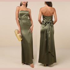 NEW Lulus  Small  Absolutely Poised Satin Strapless Bow Dress Olive Gree Q1295