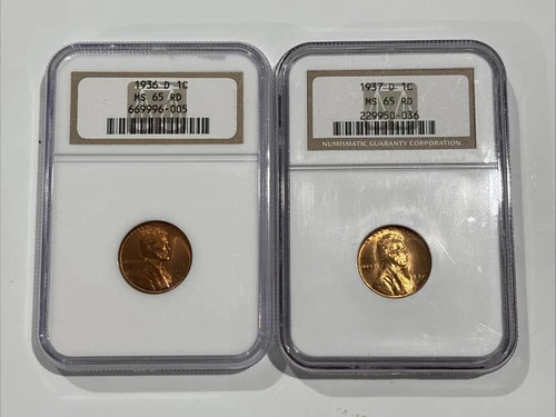 1936D & 1937D Lincoln Pennies, NGC MS 65 RD