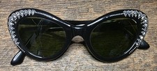 Vintage Black Green Lens Sunglasses Cat Eye Rhinestone Accent 1950s 60s France