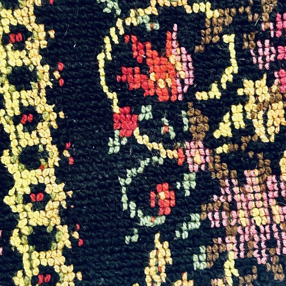 Vintage Floral Carpet Bag Needlepoint Tapestry Structured Satchel Medium Black - Image 2 of 4