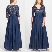Eliza J Formal Navy Blue Lace Bodice Taffeta Maxi Gown Dress Women's Size 8