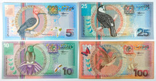 2000 Central Bank of Suriname 5, 10, 25 & 100 Gulden Note Lot - Pick 146-149