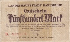Karlsruhe - Stadt - 500 Mark - B KN 5st braun - M&uuml;ller 2250.2a)