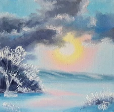 Original Winter Sunrise Landscape Oil Painting Snowy Wall Art Ukraine Artist